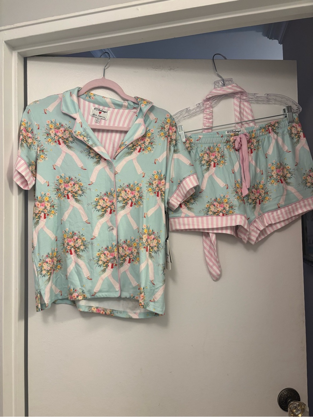 PJ Salvage Mint Floral Sleep Set with Pink Stripe Trim cottage core New